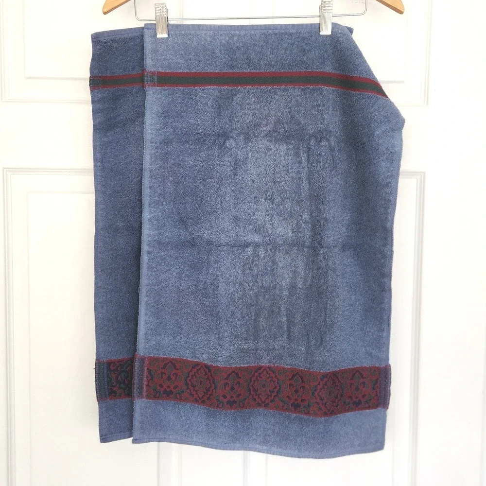 Vintage Denim Blue Hand Towels (2) with Jacquard Medallion Woven Trim